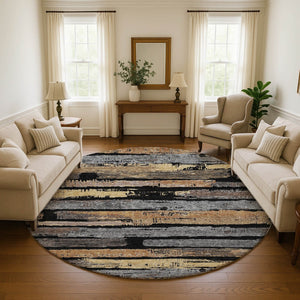 HomeRoots 8' Black Copper and Gold Striped Round Rug - Washable, UV Protected, Stylish, Durable, and Easy Care! 696479
