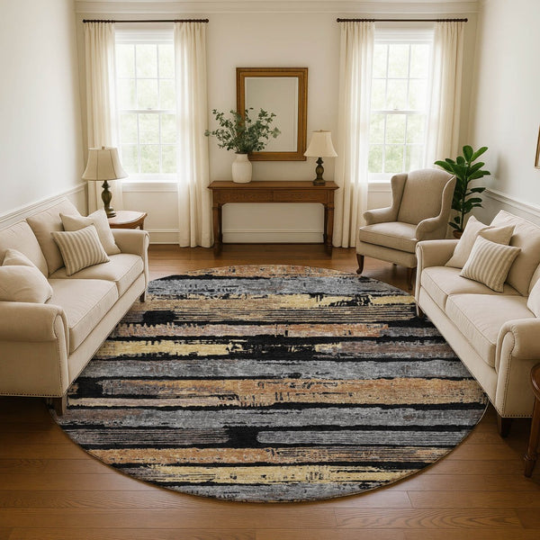 HomeRoots 8' Black Copper and Gold Striped Round Rug - Washable, UV Protected, Stylish, Durable, and Easy Care! 696479