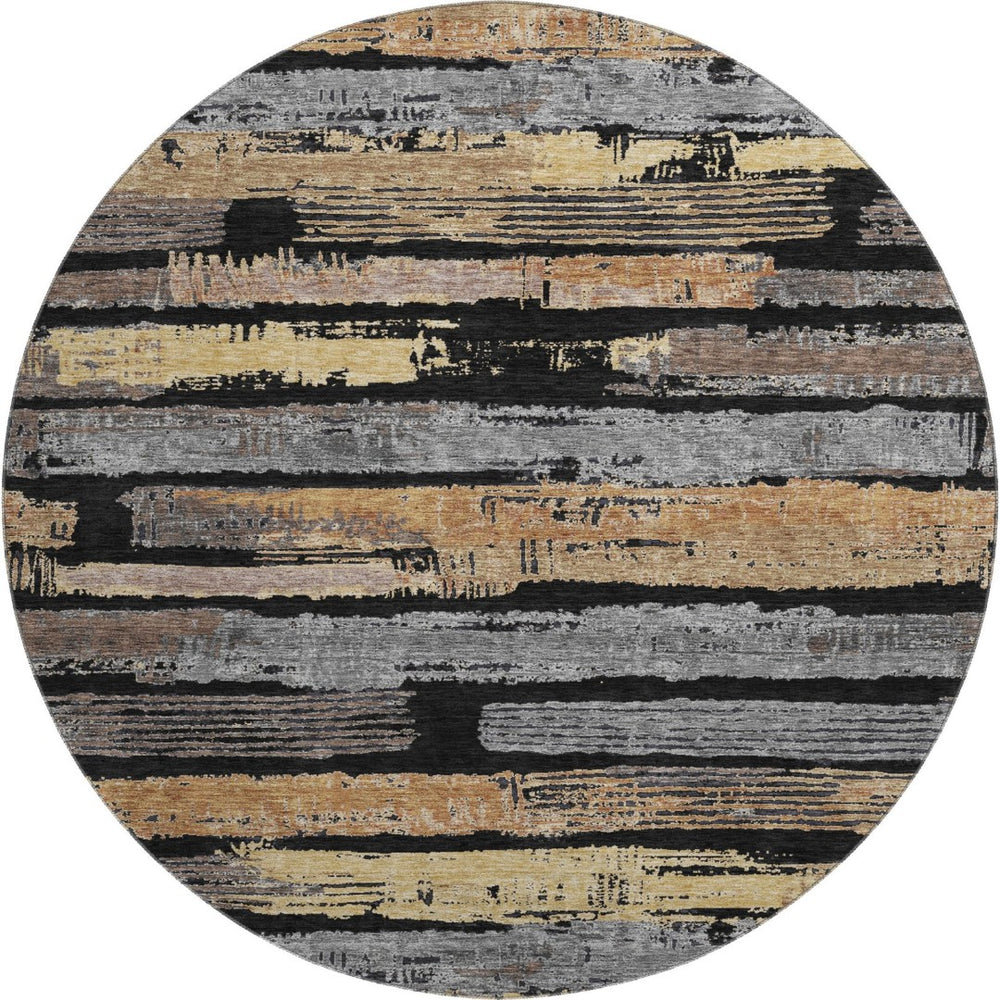 HomeRoots 8' Black Copper and Gold Striped Round Rug - Washable, UV Protected, Stylish, Durable, and Easy Care! 696479