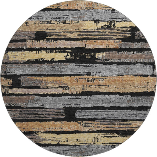 HomeRoots 8' Black Copper and Gold Striped Round Rug - Washable, UV Protected, Stylish, Durable, and Easy Care! 696479