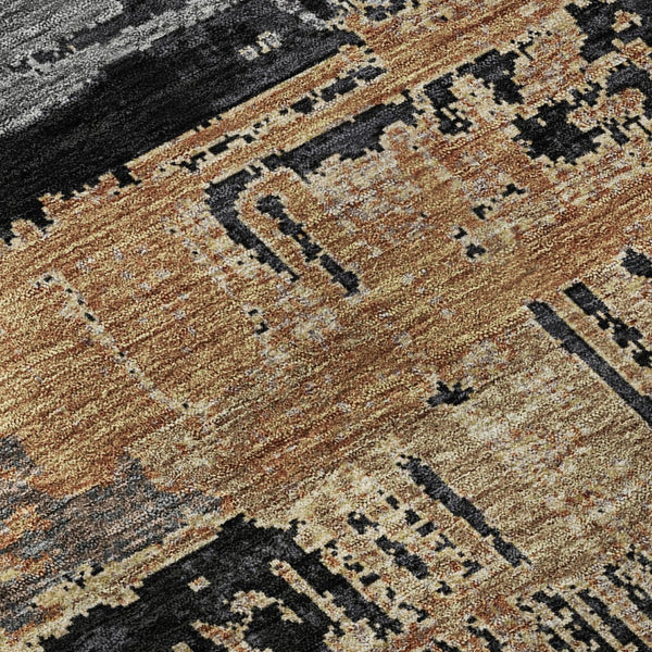 HomeRoots 8' Black Copper and Gold Striped Round Rug - Washable, UV Protected, Stylish, Durable, and Easy Care! 696479