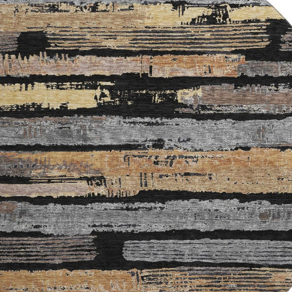 HomeRoots 8' Black Copper and Gold Striped Round Rug - Washable, UV Protected, Stylish, Durable, and Easy Care! 696479