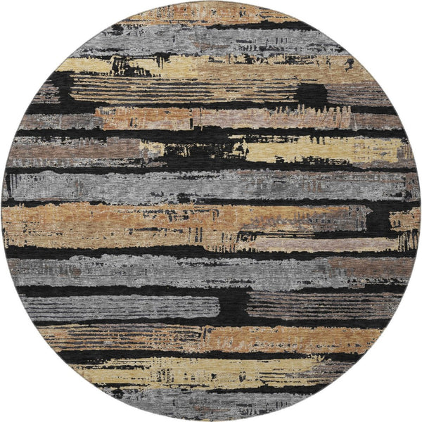 HomeRoots 8' Black Copper and Gold Striped Round Rug - Washable, UV Protected, Stylish, Durable, and Easy Care! 696479