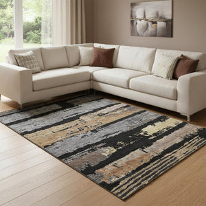 HomeRoots 8' X 10' Stylish Black Copper and Gold Striped Area Rug - Washable, UV Protected, Stain Resistant! 696480