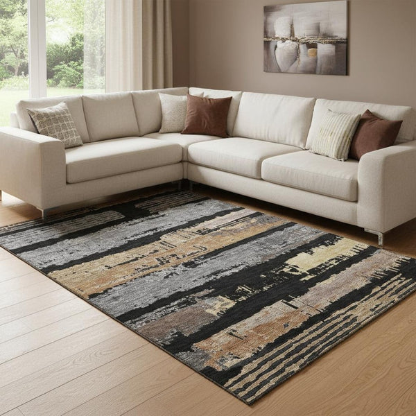 HomeRoots 8' X 10' Stylish Black Copper and Gold Striped Area Rug - Washable, UV Protected, Stain Resistant! 696480