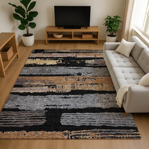 HomeRoots 8' X 10' Stylish Black Copper and Gold Striped Area Rug - Washable, UV Protected, Stain Resistant! 696480