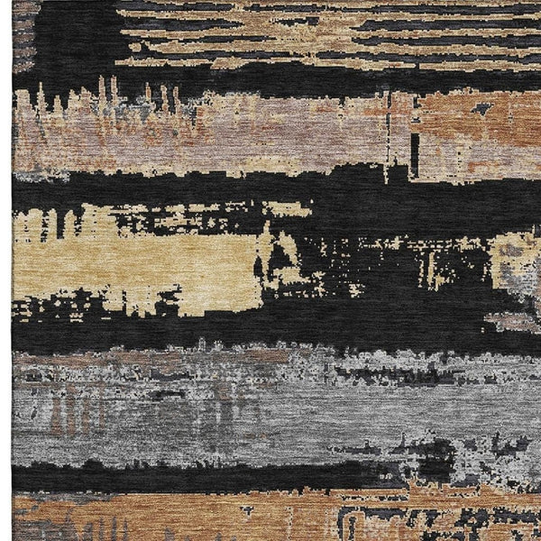HomeRoots 8' X 10' Stylish Black Copper and Gold Striped Area Rug - Washable, UV Protected, Stain Resistant! 696480