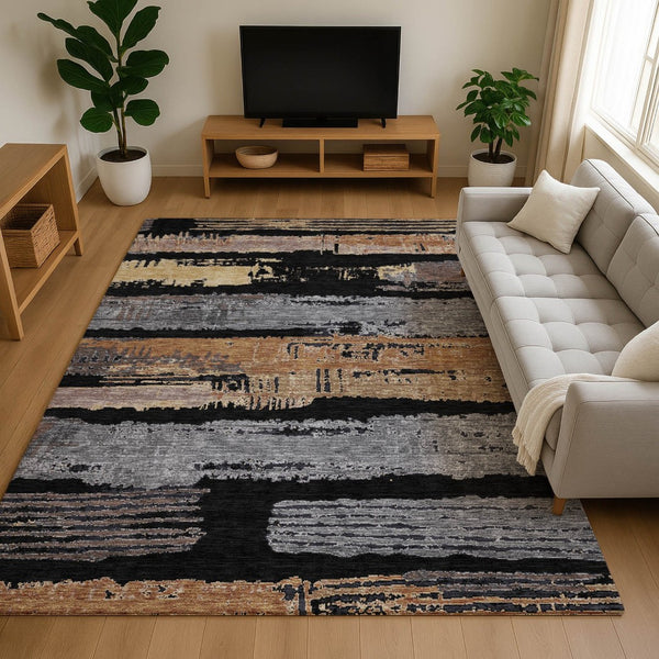 HomeRoots 9' X 12' Black Copper Gold Striped Area Rug - Washable, UV Protected, Durable for High-Traffic Spaces 696481
