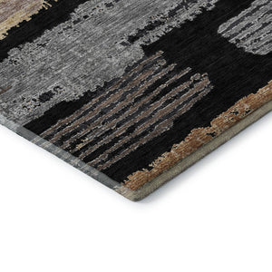 HomeRoots 9' X 12' Black Copper Gold Striped Area Rug - Washable, UV Protected, Durable for High-Traffic Spaces 696481