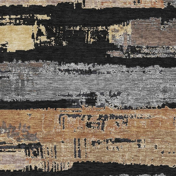 HomeRoots 9' X 12' Black Copper Gold Striped Area Rug - Washable, UV Protected, Durable for High-Traffic Spaces 696481