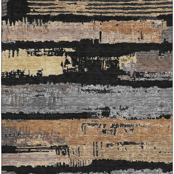 HomeRoots 9' X 12' Black Copper Gold Striped Area Rug - Washable, UV Protected, Durable for High-Traffic Spaces 696481
