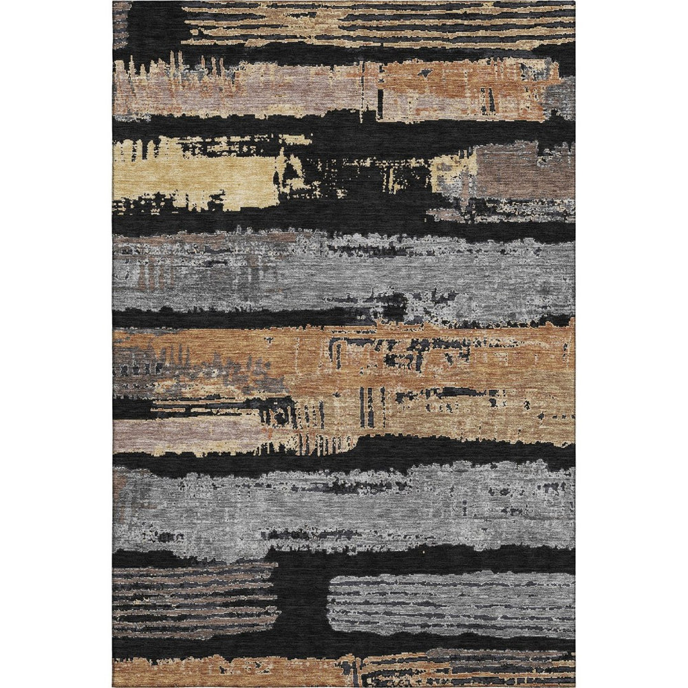 HomeRoots 10' Black Copper and Gold Striped Washable Area Rug - Durable, Stylish, UV-Protected for Homes 696482