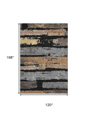 HomeRoots 10' Black Copper and Gold Striped Washable Area Rug - Durable, Stylish, UV-Protected for Homes 696482