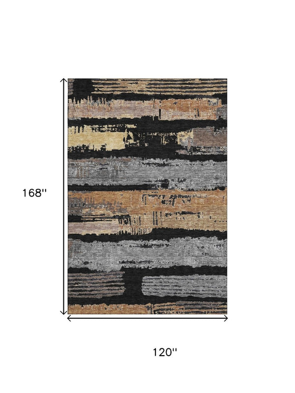 HomeRoots 10' Black Copper and Gold Striped Washable Area Rug - Durable, Stylish, UV-Protected for Homes 696482