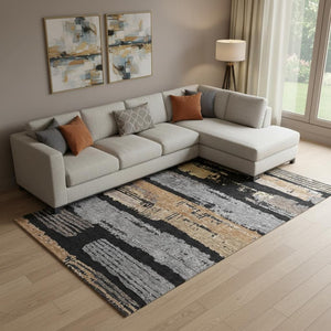 HomeRoots 10' Black Copper and Gold Striped Washable Area Rug - Durable, Stylish, UV-Protected for Homes 696482