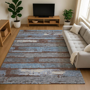 HomeRoots 5' X 8' Striped Area Rug in Chocolate, Blue & Gray - Washable, UV Protected, Perfect for High-Traffic Spaces 696484