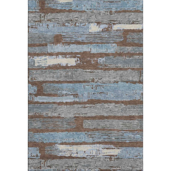 HomeRoots 5' X 8' Striped Area Rug in Chocolate, Blue & Gray - Washable, UV Protected, Perfect for High-Traffic Spaces 696484
