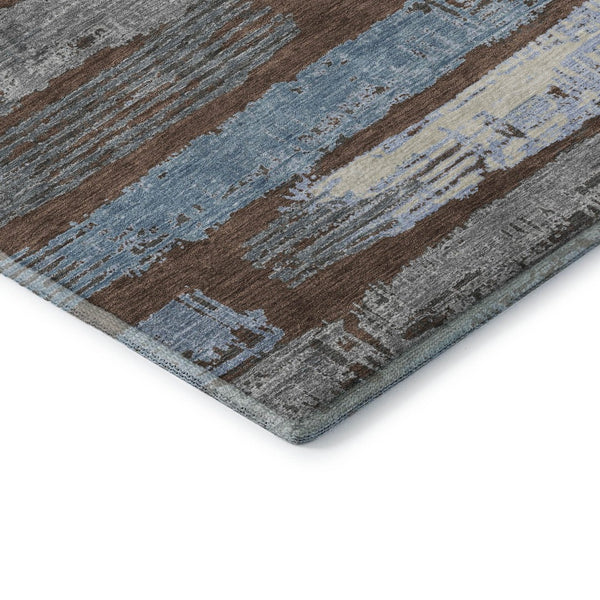 HomeRoots 5' X 8' Striped Area Rug in Chocolate, Blue & Gray - Washable, UV Protected, Perfect for High-Traffic Spaces 696484