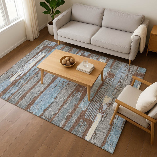 HomeRoots 5' X 8' Striped Area Rug in Chocolate, Blue & Gray - Washable, UV Protected, Perfect for High-Traffic Spaces 696484
