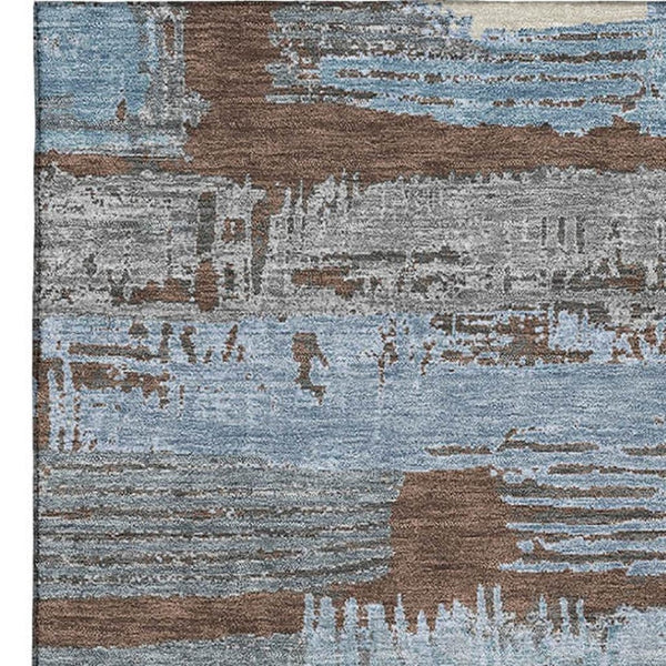 HomeRoots 5' X 8' Striped Area Rug in Chocolate, Blue & Gray - Washable, UV Protected, Perfect for High-Traffic Spaces 696484