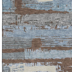 HomeRoots 5' X 8' Striped Area Rug in Chocolate, Blue & Gray - Washable, UV Protected, Perfect for High-Traffic Spaces 696484