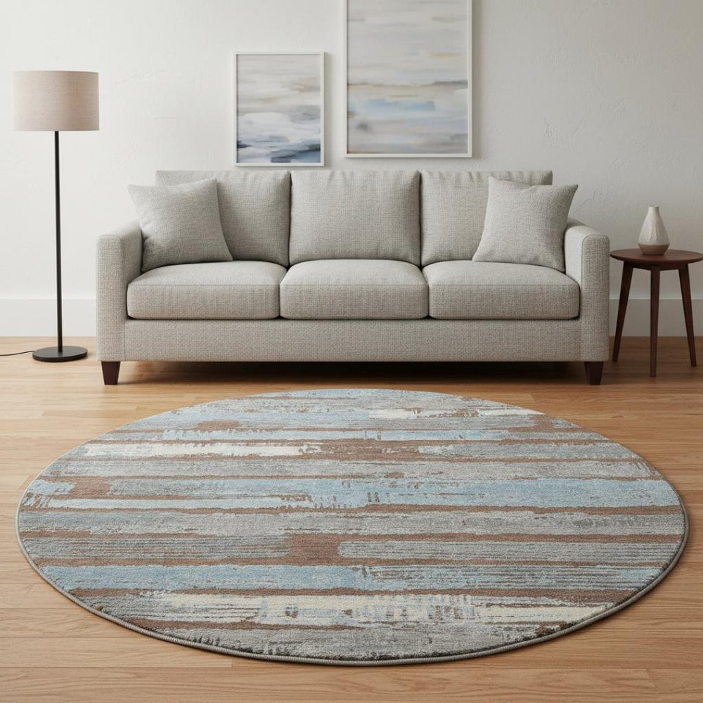 HomeRoots 8' Washable Round Area Rug in Chocolate, Blue & Gray Stripes – UV Protected, Durable & Stylish Design 696485