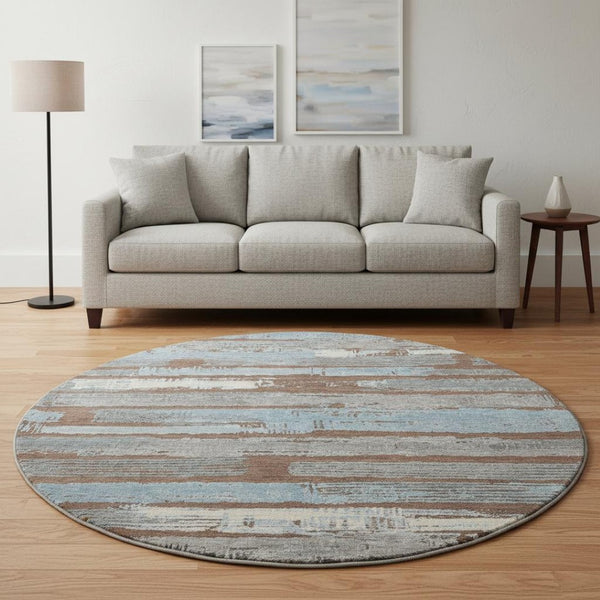 HomeRoots 8' Washable Round Area Rug in Chocolate, Blue & Gray Stripes – UV Protected, Durable & Stylish Design 696485