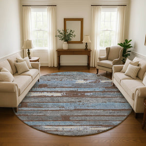 HomeRoots 8' Washable Round Area Rug in Chocolate, Blue & Gray Stripes – UV Protected, Durable & Stylish Design 696485