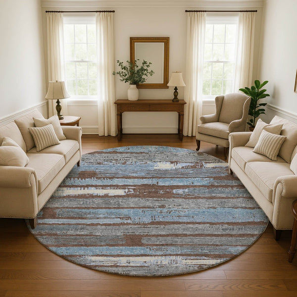 HomeRoots 8' Washable Round Area Rug in Chocolate, Blue & Gray Stripes – UV Protected, Durable & Stylish Design 696485