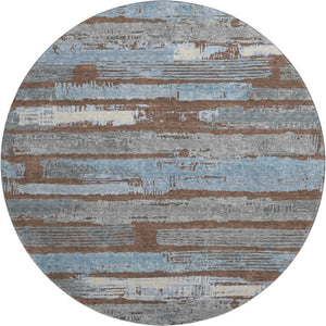 HomeRoots 8' Washable Round Area Rug in Chocolate, Blue & Gray Stripes – UV Protected, Durable & Stylish Design 696485