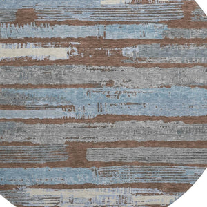 HomeRoots 8' Washable Round Area Rug in Chocolate, Blue & Gray Stripes – UV Protected, Durable & Stylish Design 696485
