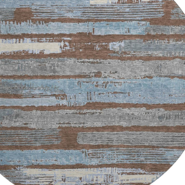 HomeRoots 8' Washable Round Area Rug in Chocolate, Blue & Gray Stripes – UV Protected, Durable & Stylish Design 696485