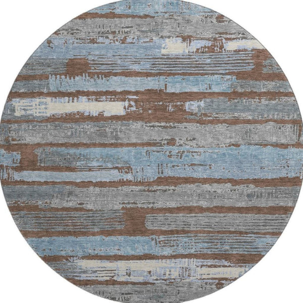 HomeRoots 8' Washable Round Area Rug in Chocolate, Blue & Gray Stripes – UV Protected, Durable & Stylish Design 696485