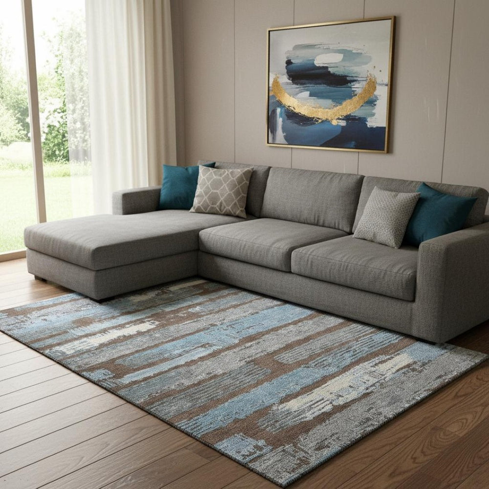 HomeRoots 8' X 10' Striped Washable Area Rug - Durable Chocolate, Blue & Gray Design with UV Protection! 696486
