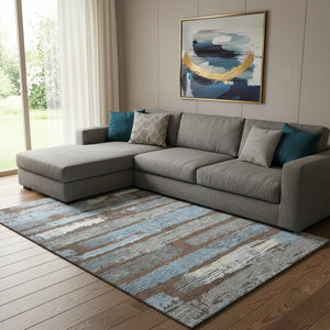 HomeRoots 8' X 10' Striped Washable Area Rug - Durable Chocolate, Blue & Gray Design with UV Protection! 696486