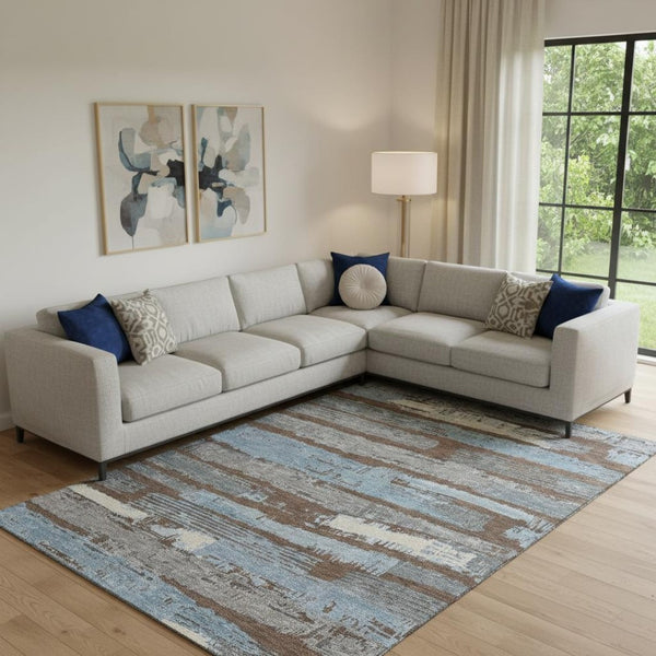 HomeRoots 9' X 12' Transitional Chocolate Blue Gray Striped Washable Area Rug with Stain Resistance & UV Shield 696487