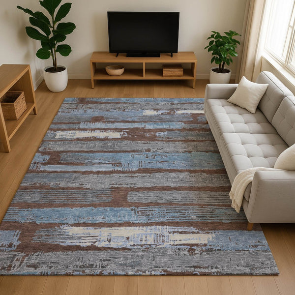HomeRoots 9' X 12' Transitional Chocolate Blue Gray Striped Washable Area Rug with Stain Resistance & UV Shield 696487