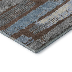 HomeRoots 9' X 12' Transitional Chocolate Blue Gray Striped Washable Area Rug with Stain Resistance & UV Shield 696487