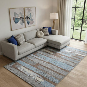 HomeRoots 10' X 14' Chocolate, Blue & Gray Striped Washable Area Rug with UV Protection for High-Traffic Homes 696488