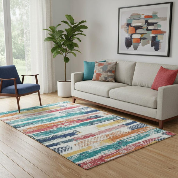 HomeRoots 5' X 8' Striped Ivory Teal and Orange Washable Area Rug with UV Protection for High-Traffic Spaces 696490