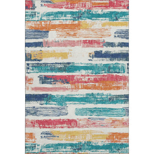 HomeRoots 5' X 8' Striped Ivory Teal and Orange Washable Area Rug with UV Protection for High-Traffic Spaces 696490