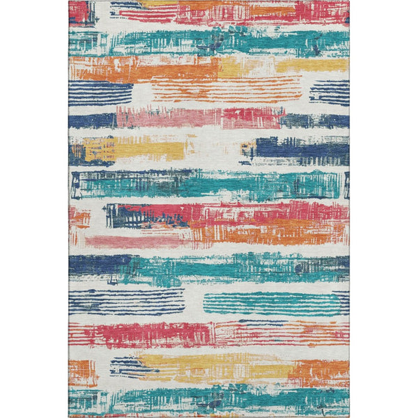 HomeRoots 5' X 8' Striped Ivory Teal and Orange Washable Area Rug with UV Protection for High-Traffic Spaces 696490