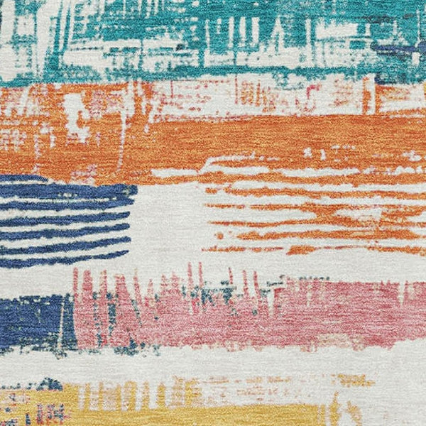 HomeRoots 5' X 8' Striped Ivory Teal and Orange Washable Area Rug with UV Protection for High-Traffic Spaces 696490
