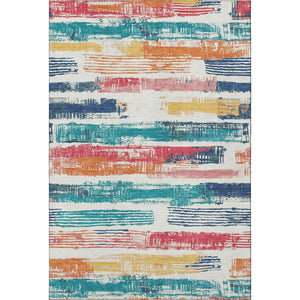 HomeRoots 5' X 8' Striped Ivory Teal and Orange Washable Area Rug with UV Protection for High-Traffic Spaces 696490