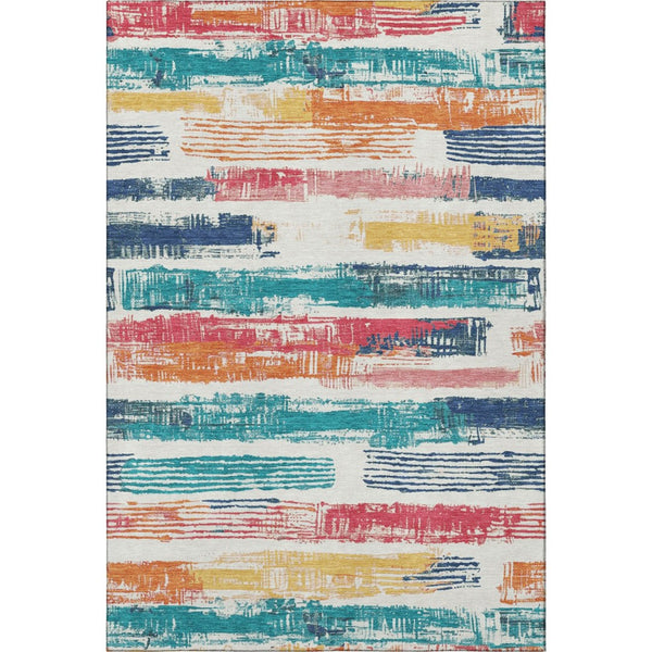 HomeRoots 5' X 8' Striped Ivory Teal and Orange Washable Area Rug with UV Protection for High-Traffic Spaces 696490