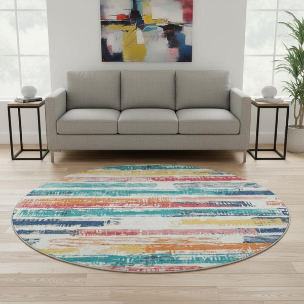 HomeRoots 8' Ivory Teal and Orange Striped Washable Round Rug - Durable, UV-Protected, Kid-Friendly Design! 696491