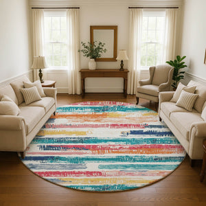 HomeRoots 8' Ivory Teal and Orange Striped Washable Round Rug - Durable, UV-Protected, Kid-Friendly Design! 696491
