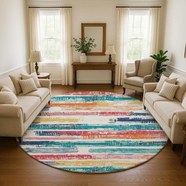HomeRoots 8' Ivory Teal and Orange Striped Washable Round Rug - Durable, UV-Protected, Kid-Friendly Design! 696491