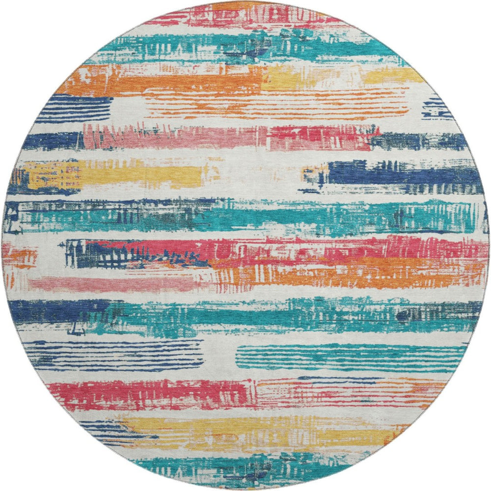 HomeRoots 8' Ivory Teal and Orange Striped Washable Round Rug - Durable, UV-Protected, Kid-Friendly Design! 696491