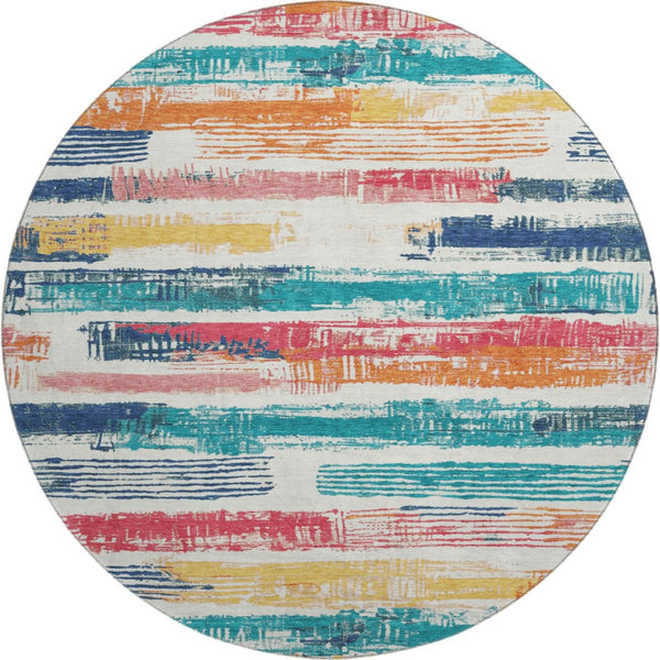 HomeRoots 8' Ivory Teal and Orange Striped Washable Round Rug - Durable, UV-Protected, Kid-Friendly Design! 696491